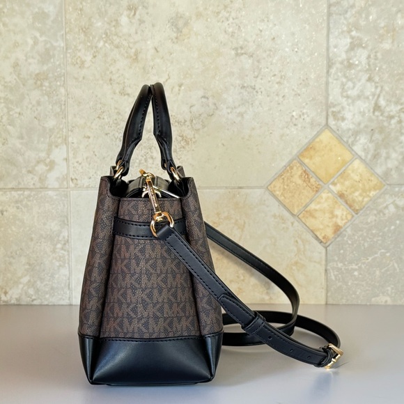 Michael Kors Reed Small Belted Satchel Shoulder Crossbody Bag MK Brown/Black - Picture 3 of 12